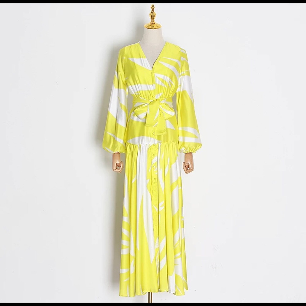 Yellow Satin button up belted maxi dress